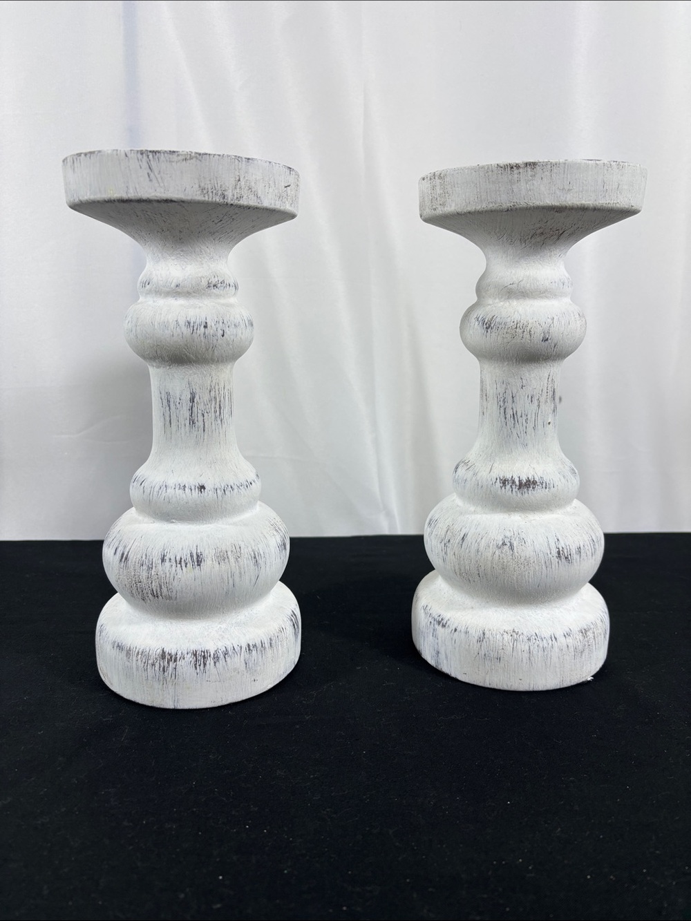 White Distressed Ceramic Candlestick Pair